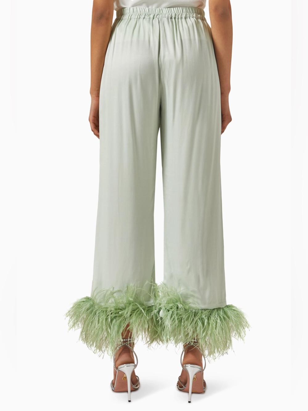 SLEEPER Feather-Trim Wide-Leg Pants in Pale Sage